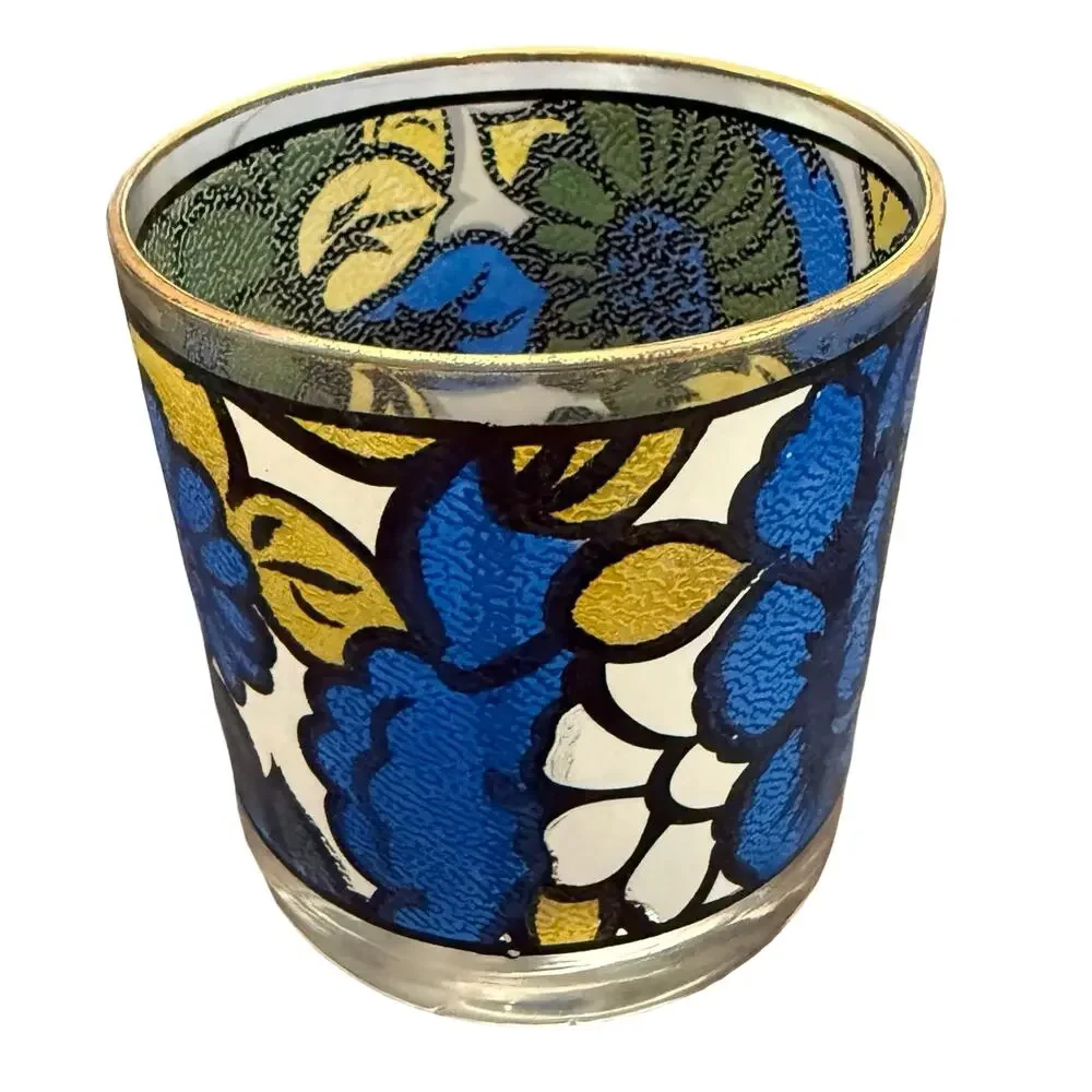 Vintage 1960s CCC Hazel Atlas Blue Yellow Floral Faux Stained Glass Set of 5 - Picture 10 of 16